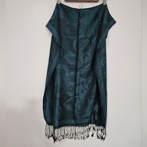 NWT Jerusalem Teal Floral Butterfly Patterned Cashmere Shawl with Fringe